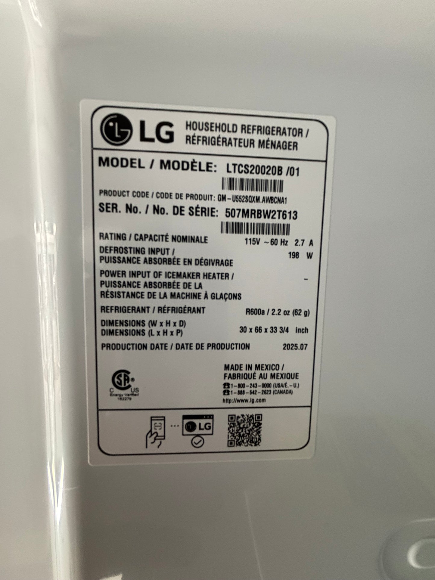 20 cu. ft. Top Freezer Refrigerator - Scratch & Dent WCA109- LG LTCS20020B