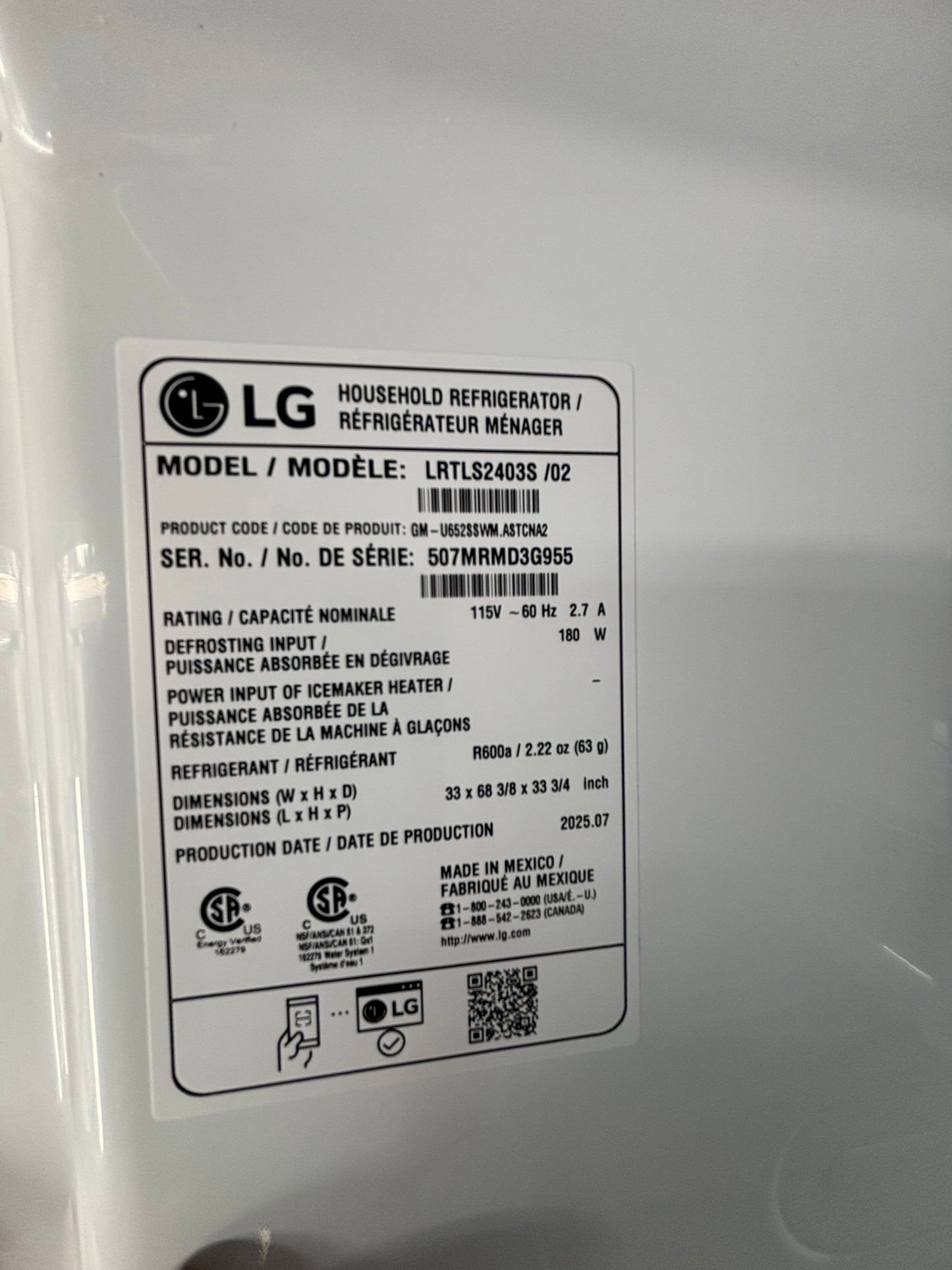 24 cu. ft. 33 Inch Wide Top Freezer Refrigerator - Stainless Steel - Scratch & Dent WCA107 - LG LRTLS2403S