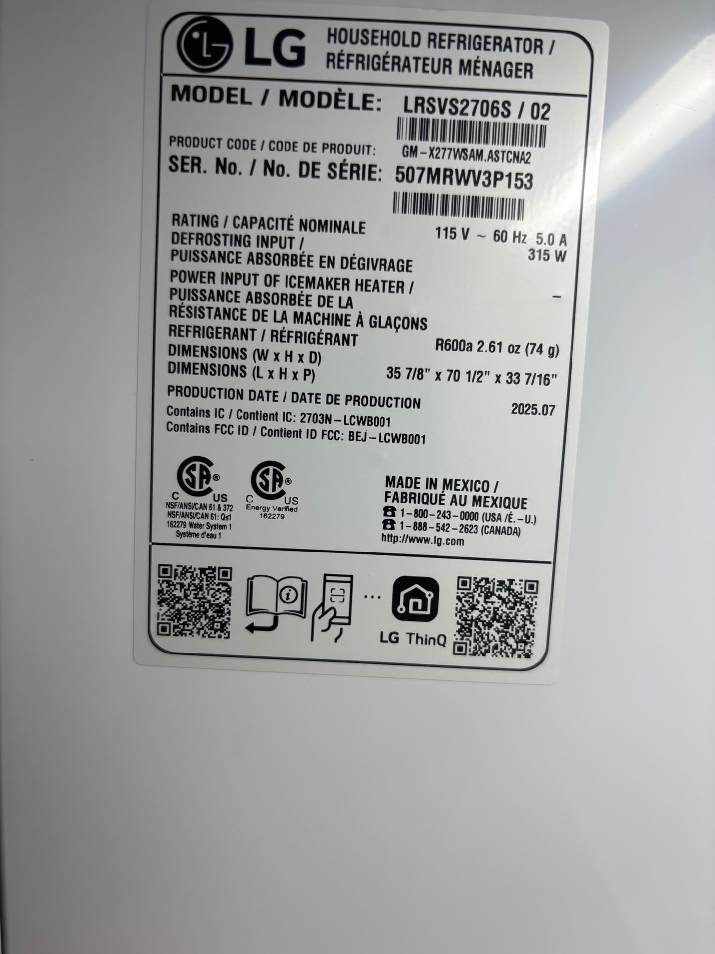 27 cu. ft. Smart Side-By-Side InstaView® Door-in-Door® Refrigerator with Craft Ice™ - Scratch & Dent WCA133 - LG LRSVS2706S