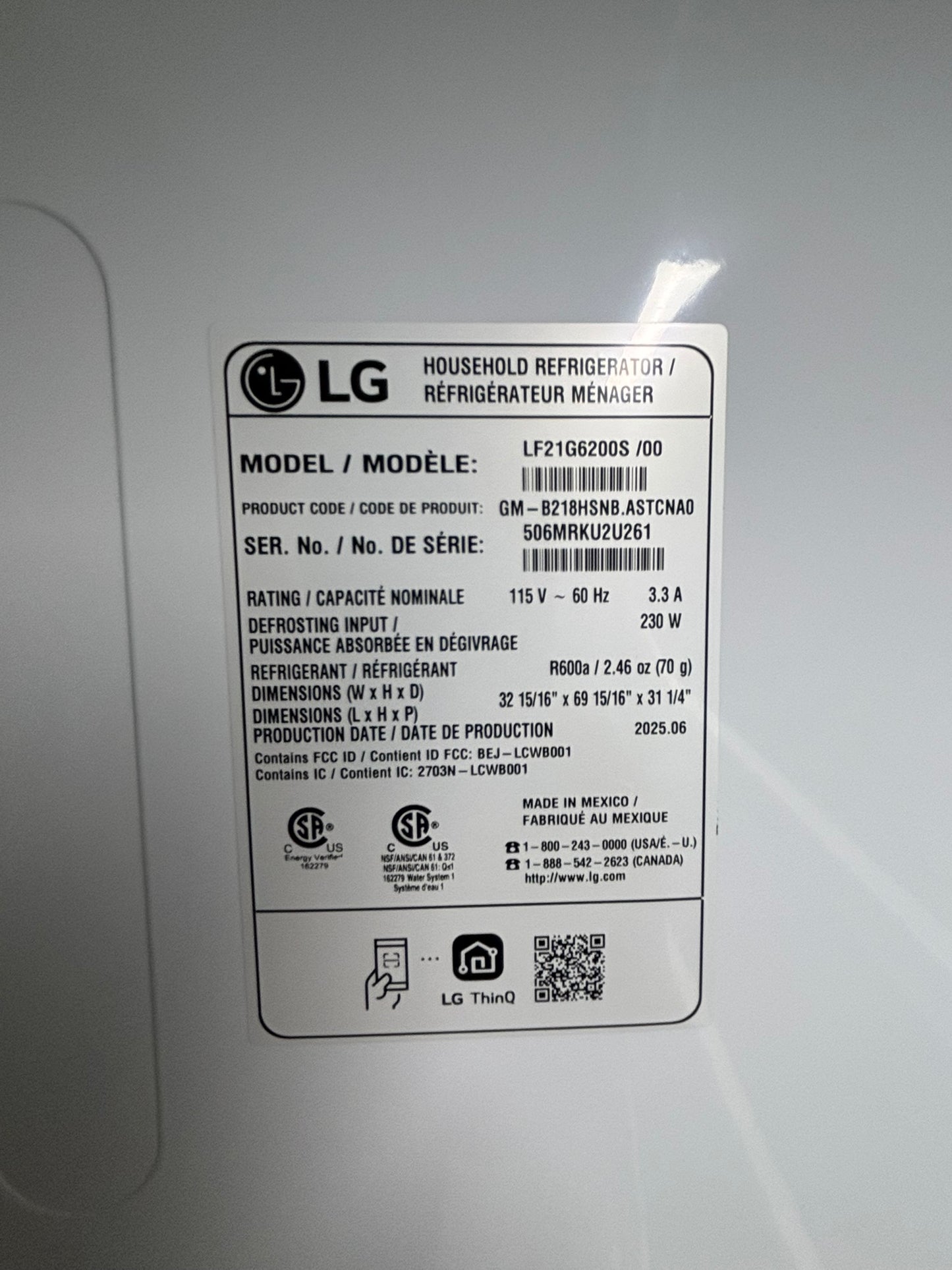 21 cu. ft. 3-Door French Door, Counter-Depth MAX™ Refrigerator - Scratch & Dent WCA135 - LG LF21G6200S