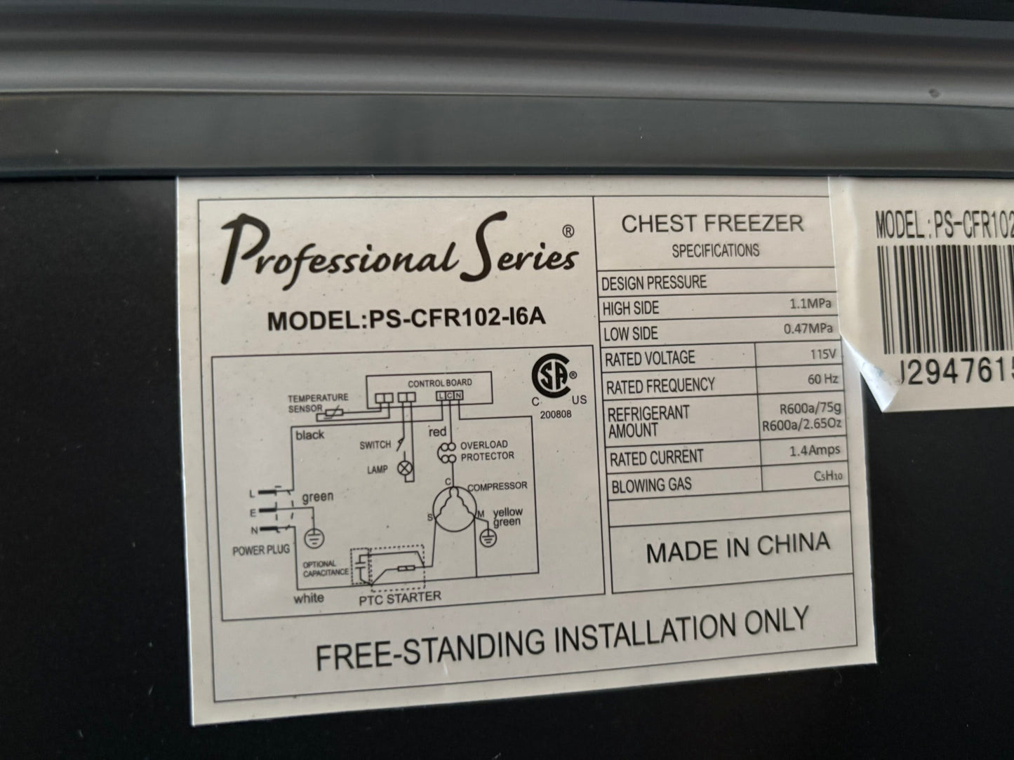 Professional Series Garage Ready 10.0 cu. ft. Chest Freezer - Scratch & Dent WCA234 - PS-CFR102-I6A