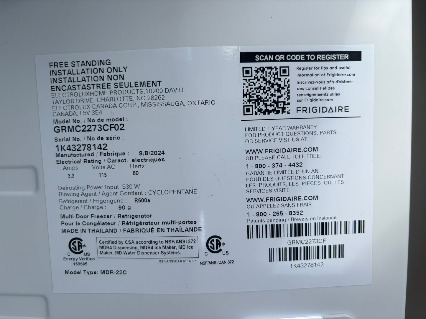 Frigidaire Gallery 21.5 cu. ft. Counter-Depth 4-Door French Door Refrigerator - Scratch & Dent WCA239- GRMC2273CF