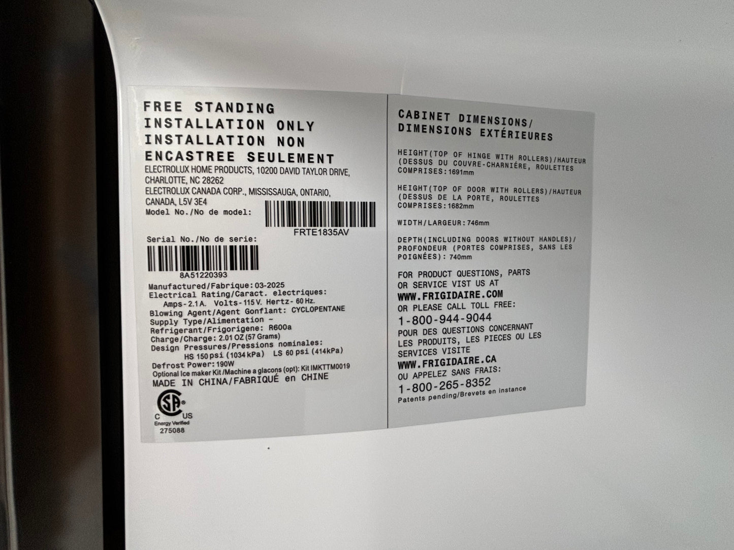 Frigidaire 18 Cu. Ft. Garage Ready Top Freezer Refrigerator Scratch & Dent WCA242 - FRTE1835AV