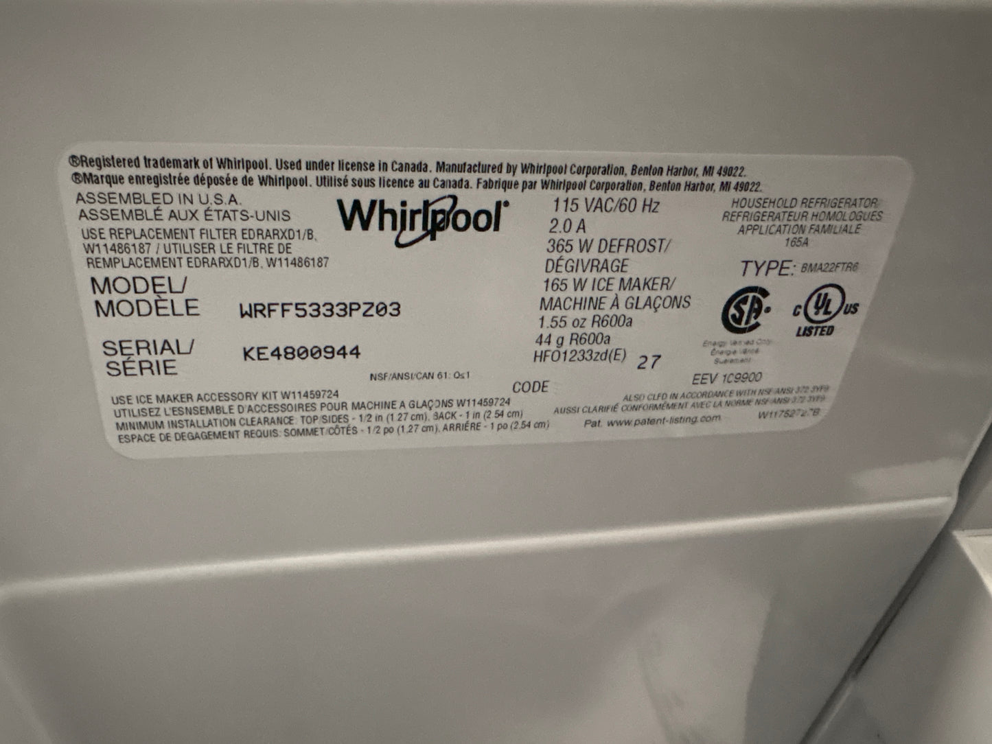 Whirlpool - 33 in. 22 cu. ft. Standard Depth French Door Refrigerator in Fingerprint Resistant Stainless Steel