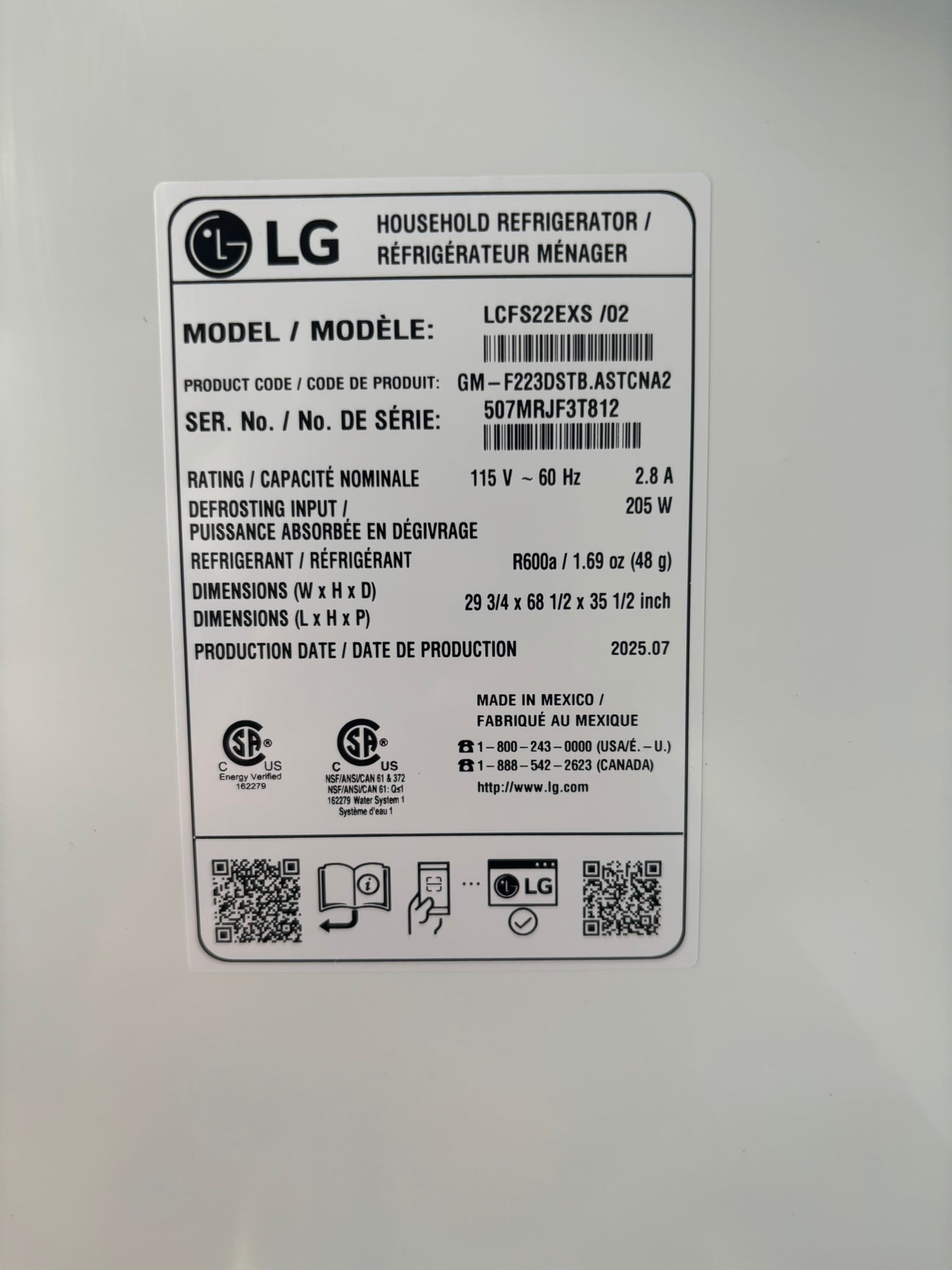 22 cu. ft. French Door Refrigerator - Scratch & Dent WCA110 - LG LCFS22EXS