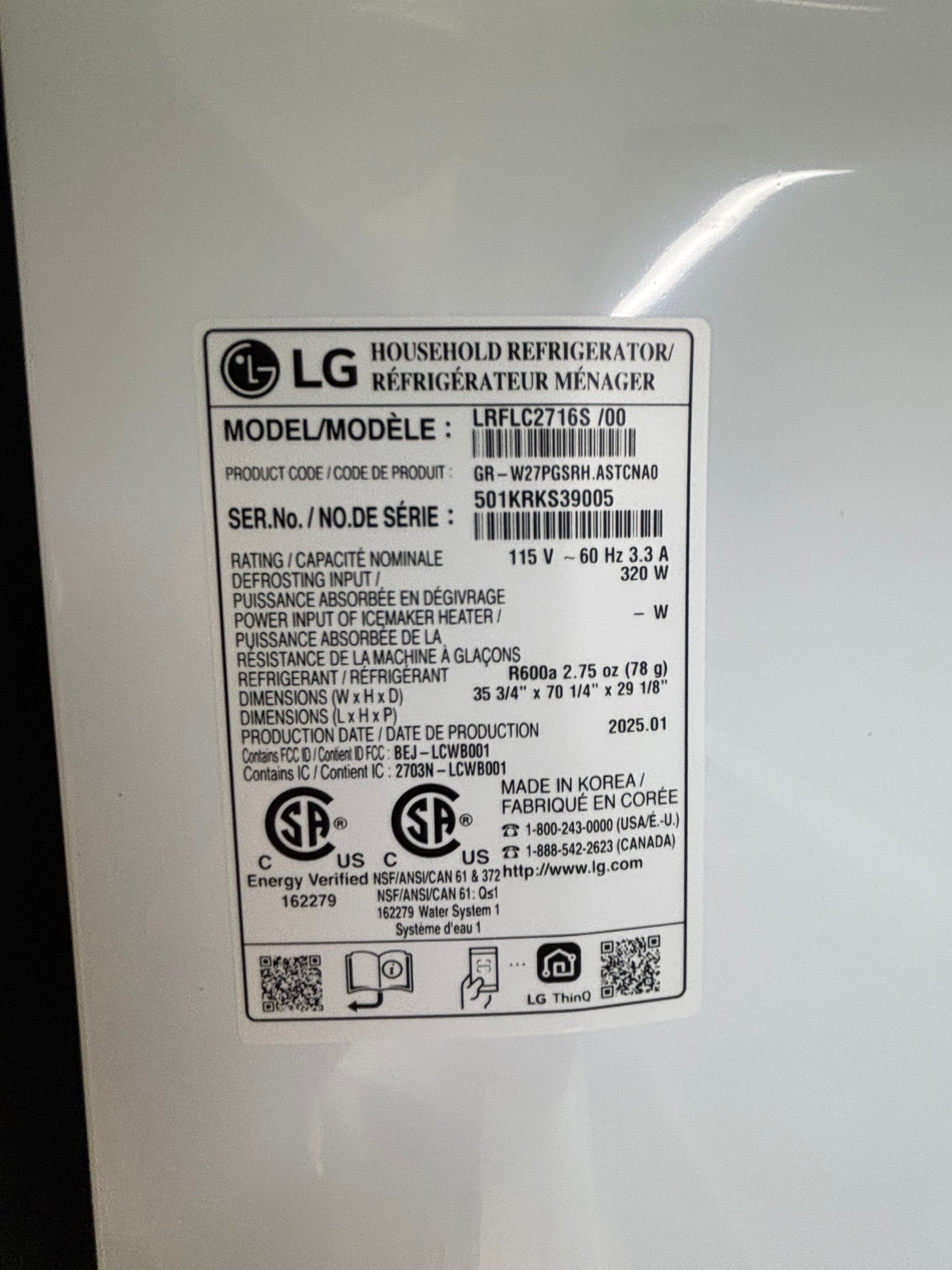 27 cu. ft. Smart Counter-Depth MAX™ French Door Refrigerator - Scratch & Dent WCA102 - LG LRFLC2716S