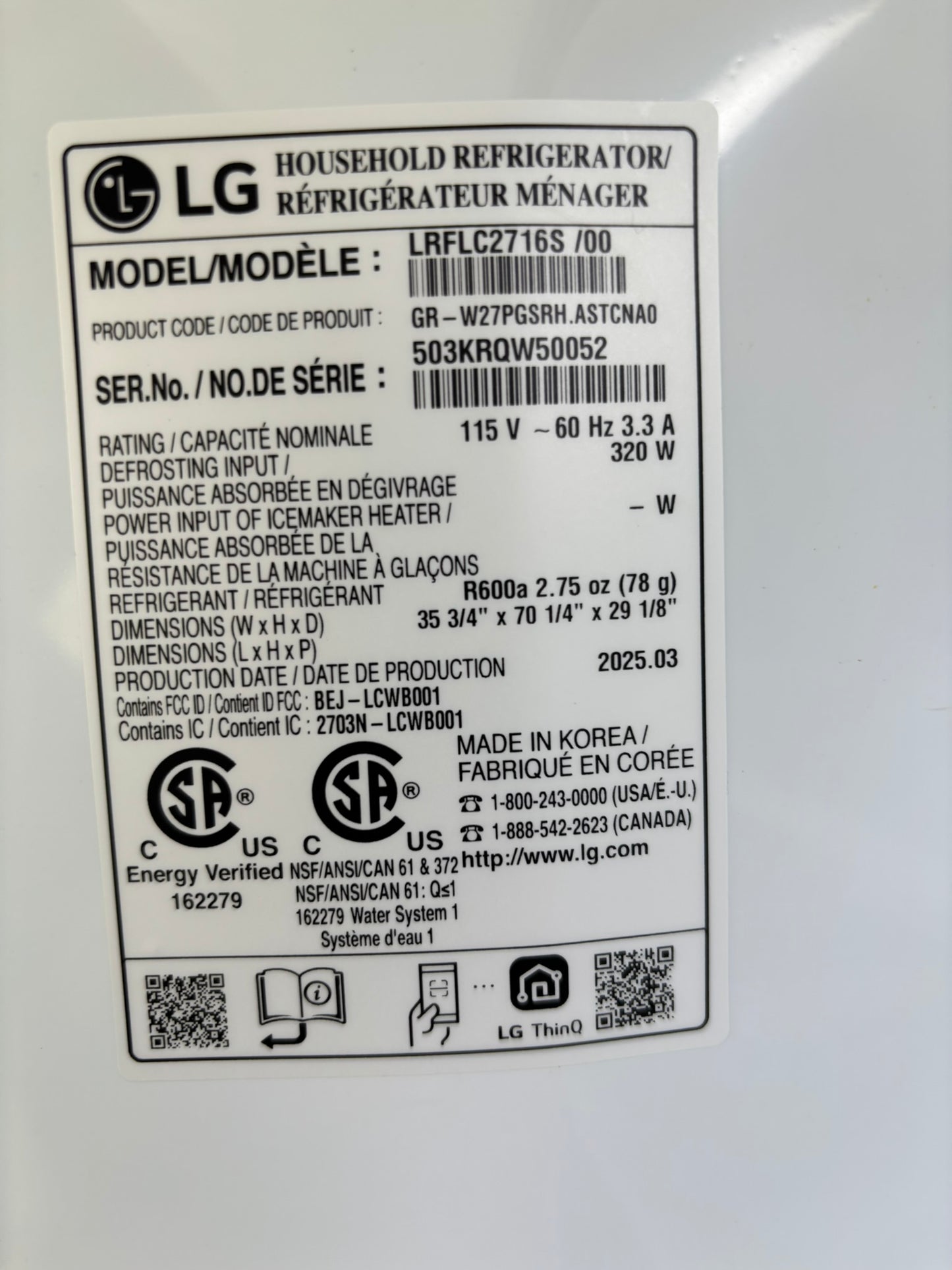 27 cu. ft. Smart Counter-Depth MAX™ French Door Refrigerator - Scratch & Dent WCA117 - LG LRFLC2716S