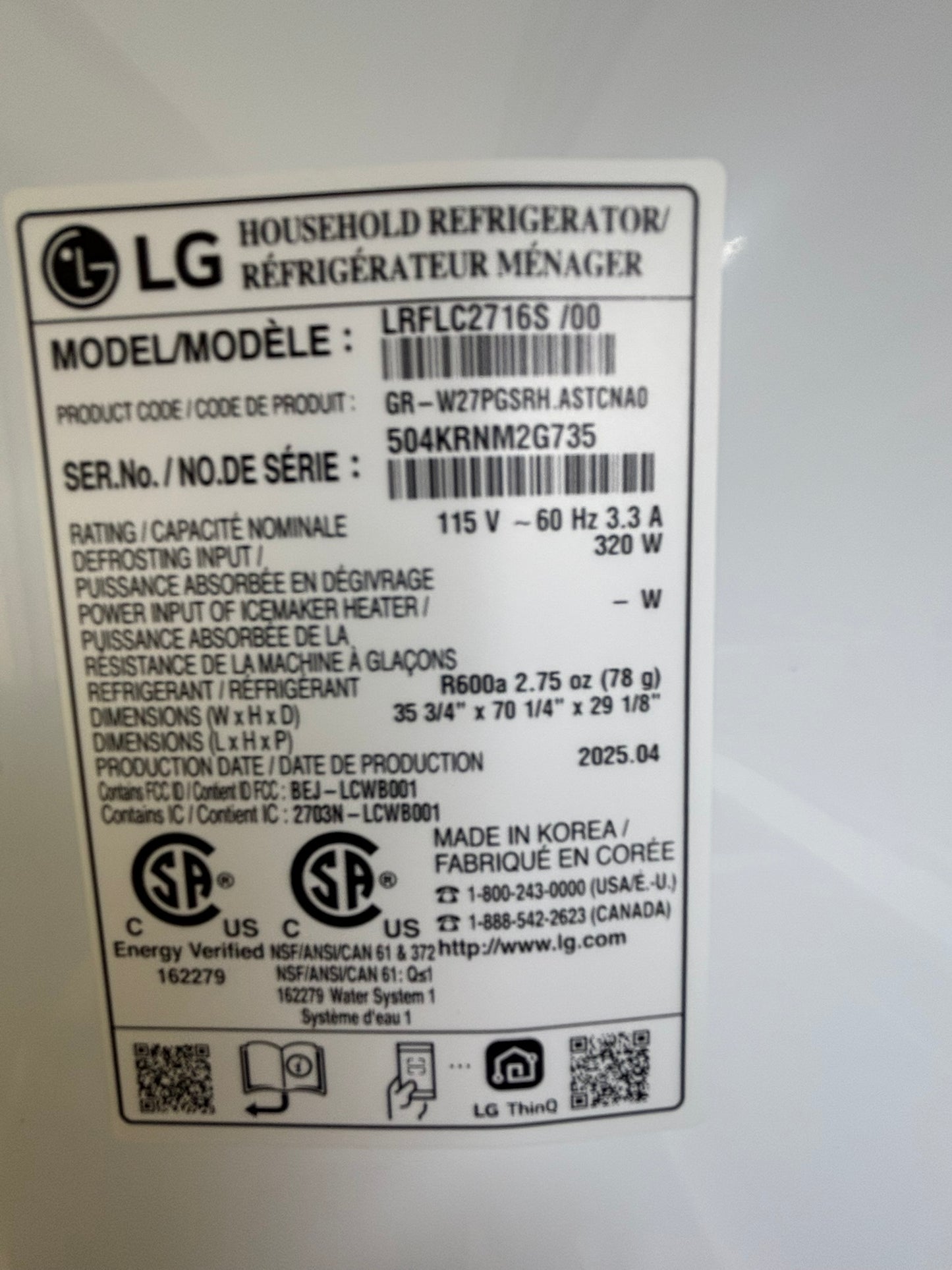 27 cu. ft. Smart Counter-Depth MAX™ French Door Refrigerator - Scratch & Dent WCA120 - LG LRFLC2716S