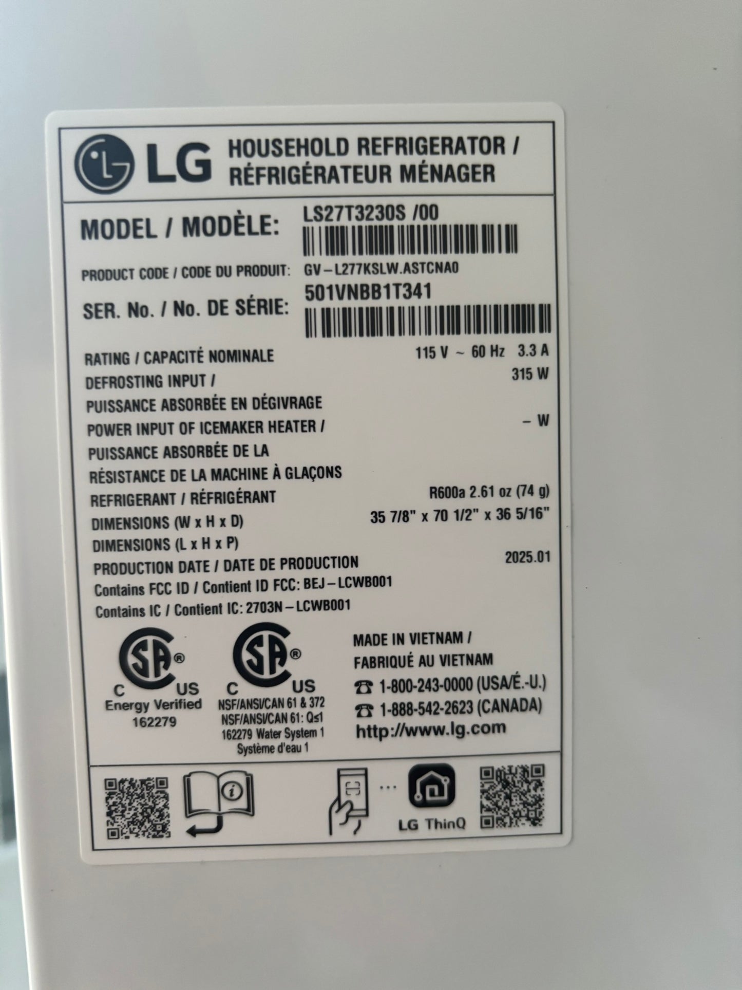 27 cu. ft. Standard-Depth, Side-by-side Refrigerator, with Ice and Water and Bar Handle Design- Scratch & Dent WCA130 - LG LS27T3230S