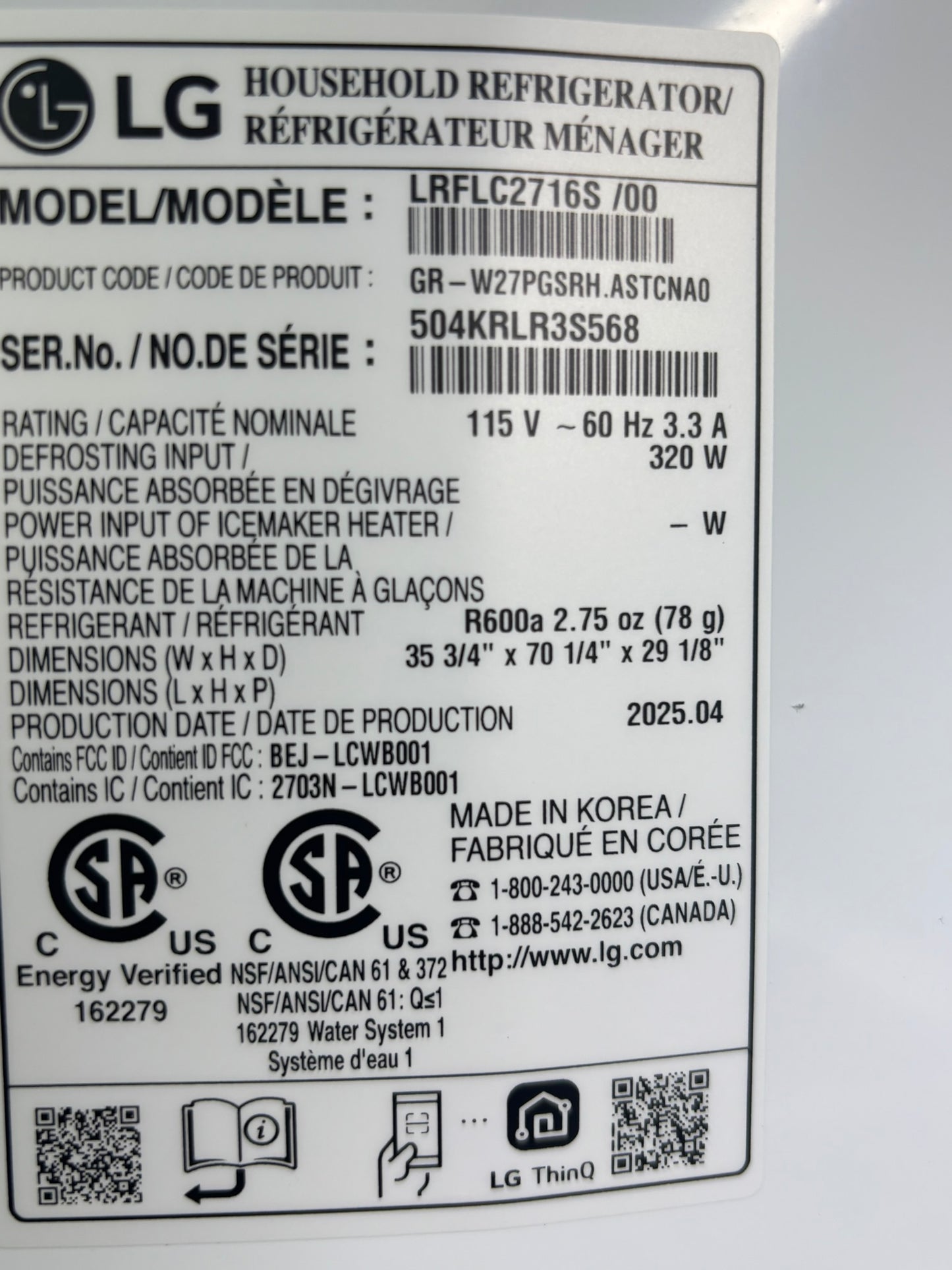 27 cu. ft. Smart Counter-Depth MAX™ French Door Refrigerator - Scratch & Dent WCA131 - LG LRFLC2716S