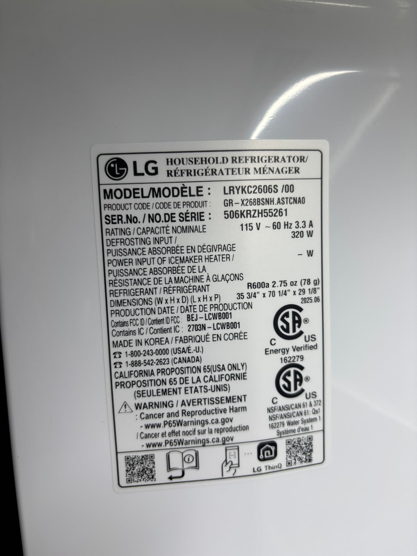 26 cu. ft. Smart Counter-Depth MAX™ French Door Refrigerator with Four Types of Ice - Scratch & Dent WCA136- LG LRYXC2606S