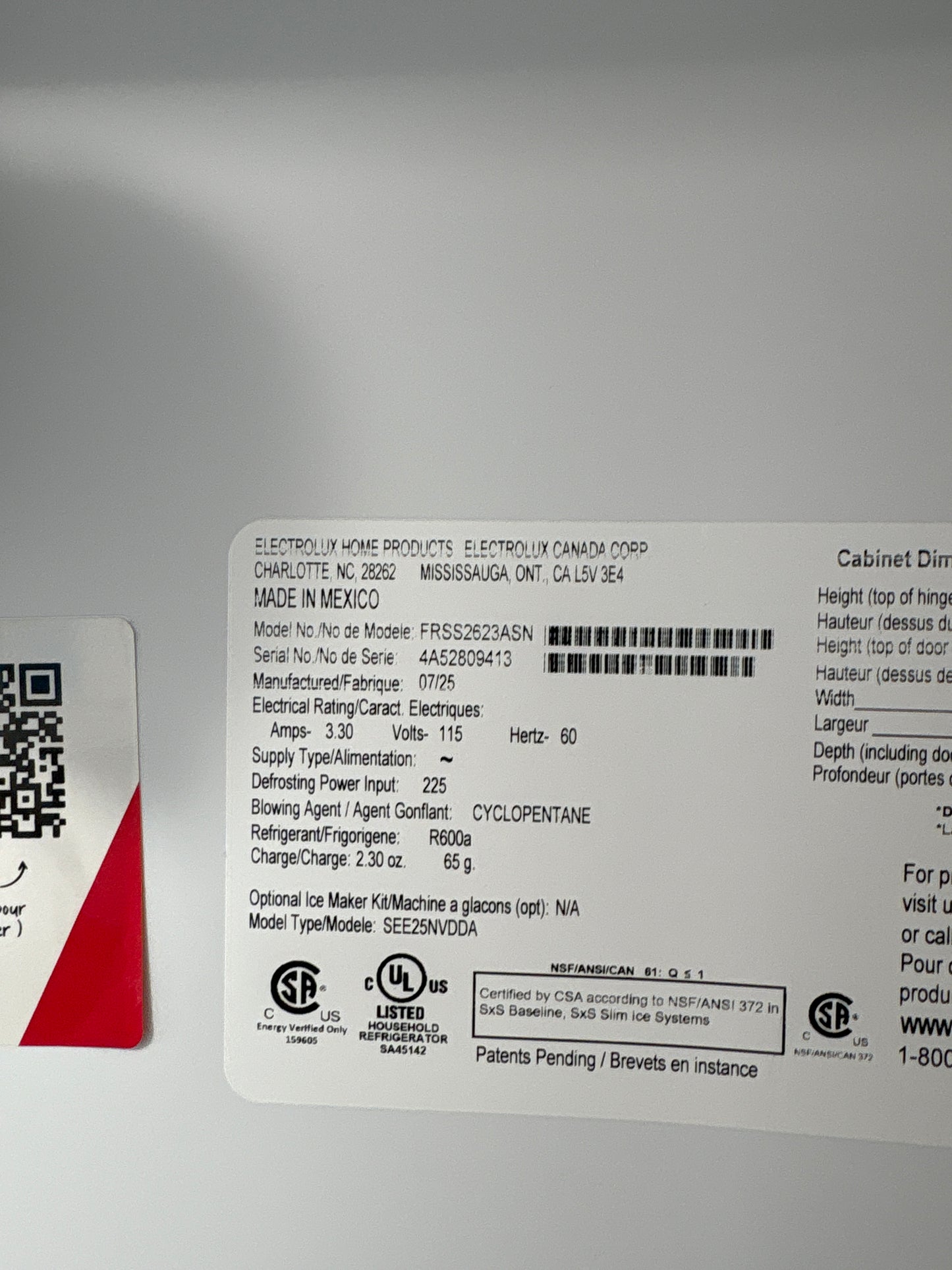 Frigidaire 26 Cu. Ft. 36" Standard-Depth Side-by-Side Refrigerator Scratch & Dent WCA202 - FRSS2623AS