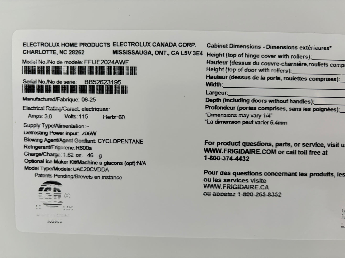 Frigidaire 20 Cu. Ft. Garage Ready Upright Freezer Scratch & Dent WCA236 - FFUE2024AW