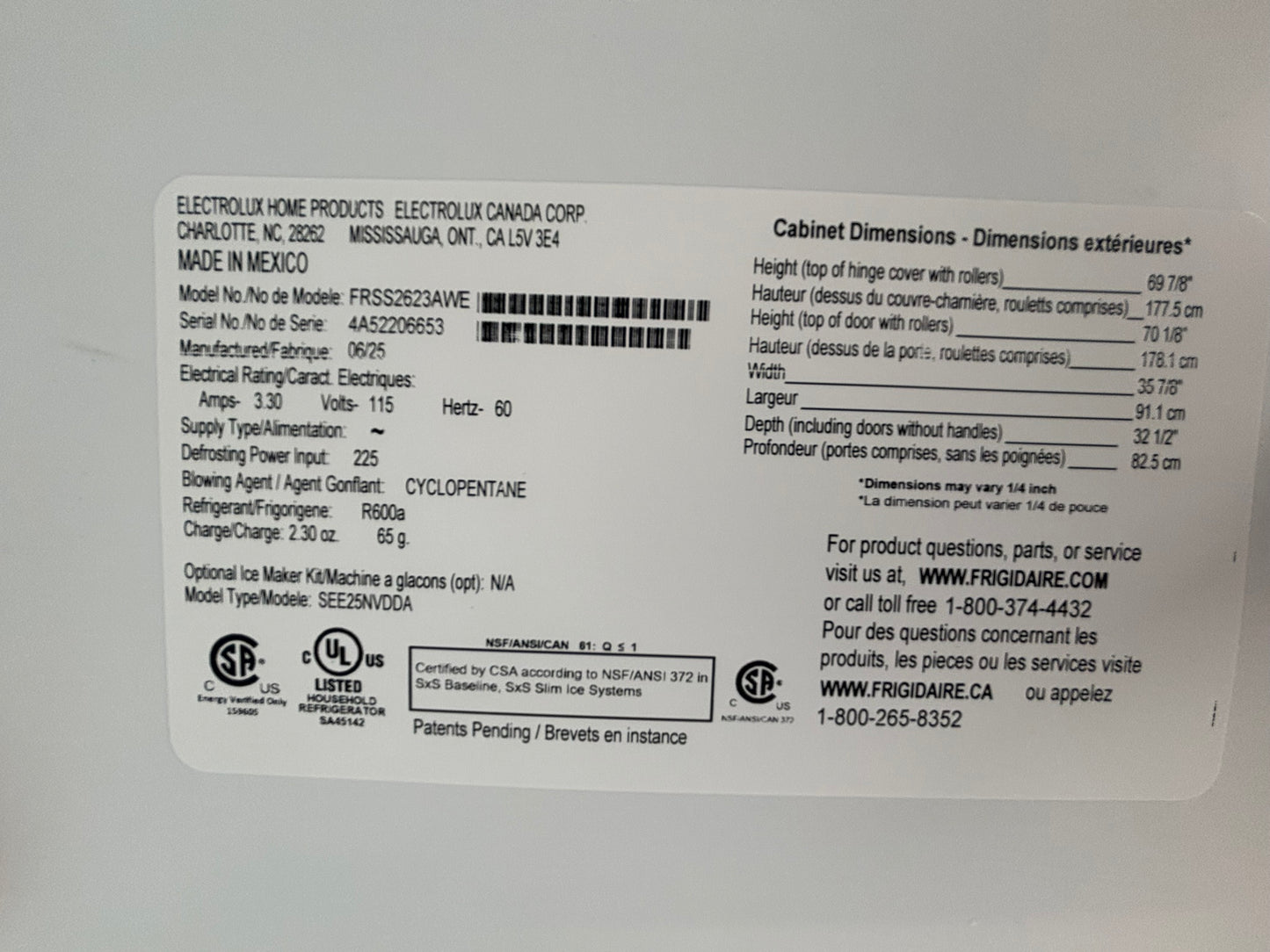 Frigidaire 26 Cu. Ft. 36" Standard-Depth Side-by-Side Refrigerator Scratch & Dent WCA240 - FRSS2623AW