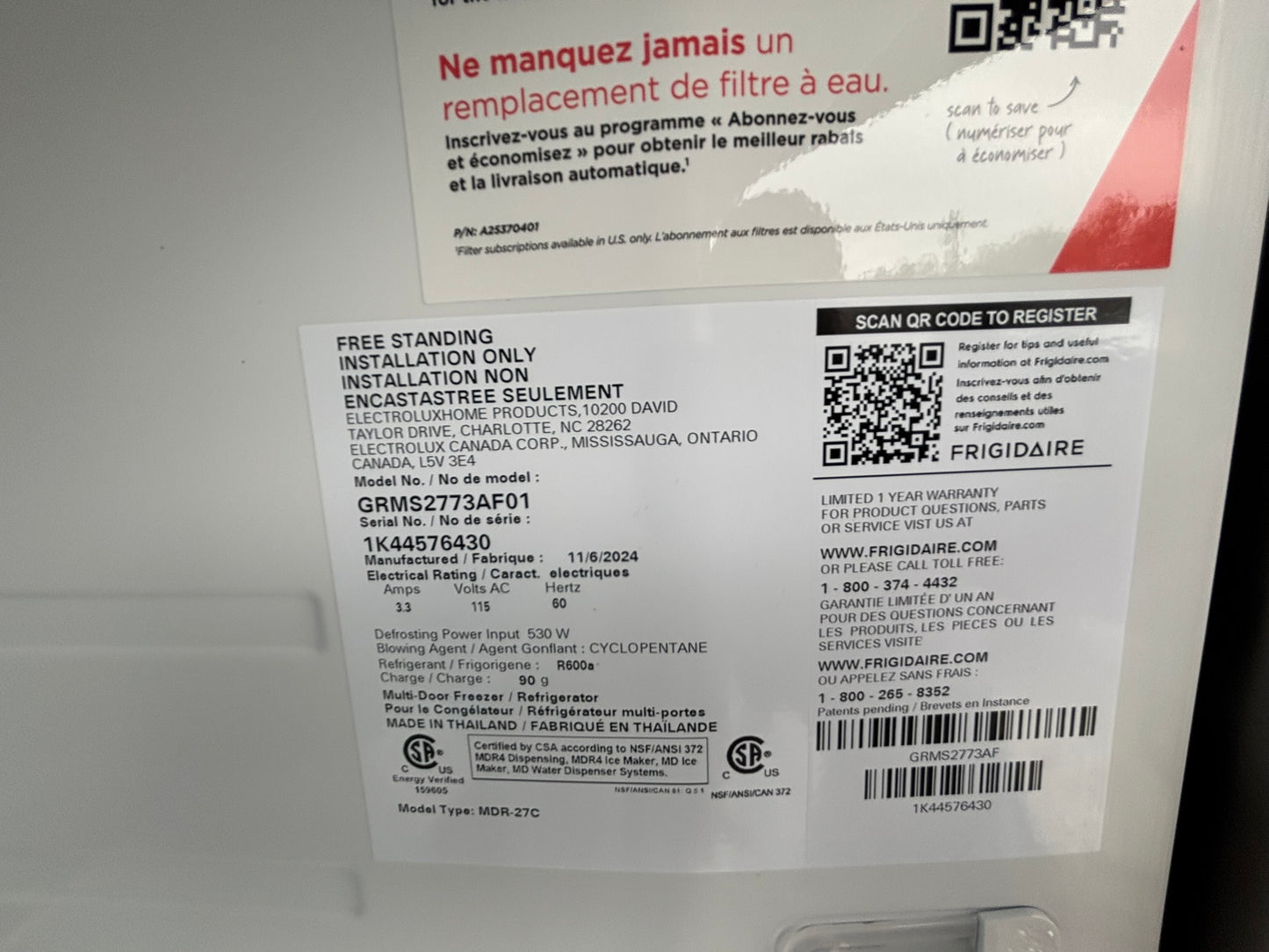 Frigidaire Gallery 26.3 cu. ft. Standard-Depth 4-Door French Door Refrigerator - Scratch & Dent WCA41 - GRMS2773AF