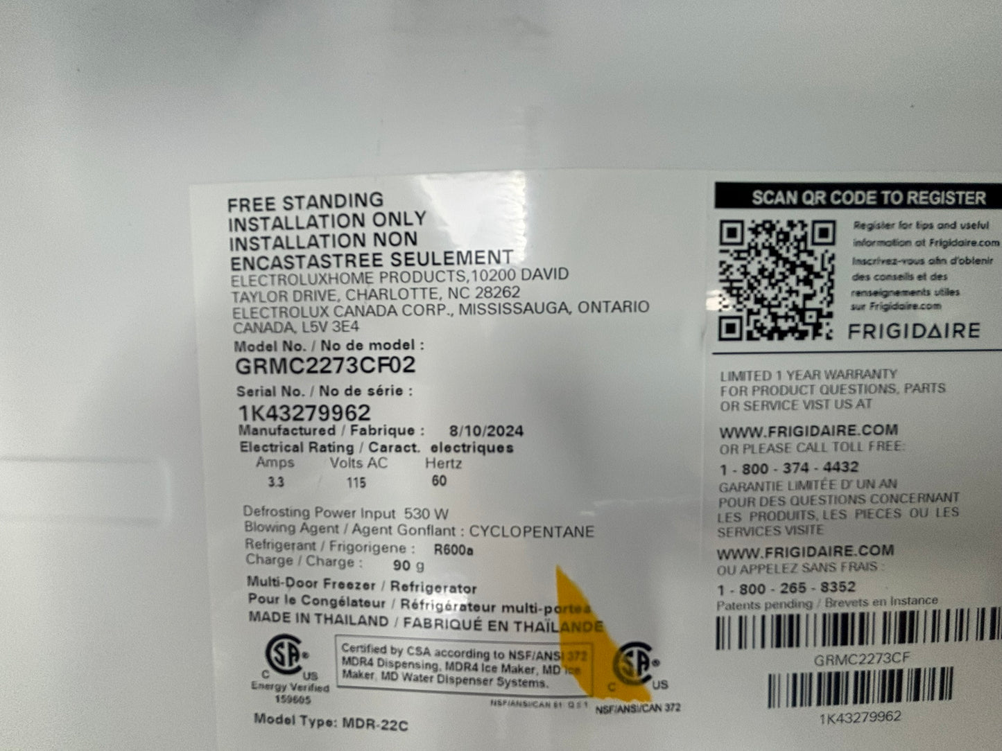 Frigidaire Gallery 21.5 cu. ft. Counter-Depth 4-Door French Door Refrigerator - Scratch & Dent WCA248- GRMC2273CF